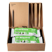 Open box showing kit contents: two blocks of air dry clay, three wooden tools and an a5 sketchbook.